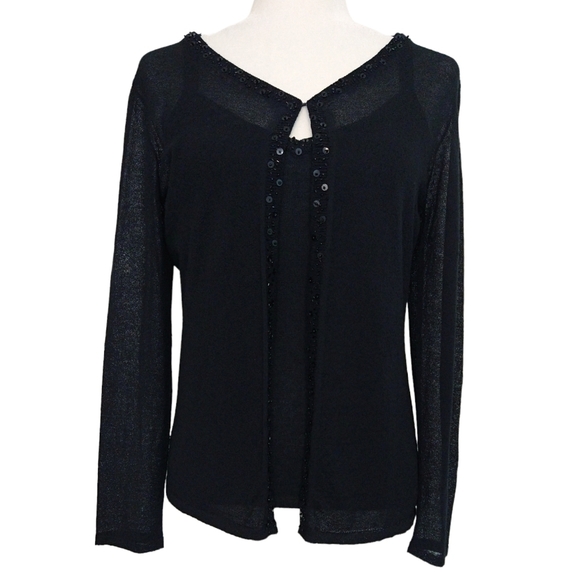 Chico's Black Sheer Sequin Trim Cardigan & Tank Top Set of 2 Elegant Classic - Picture 1 of 10